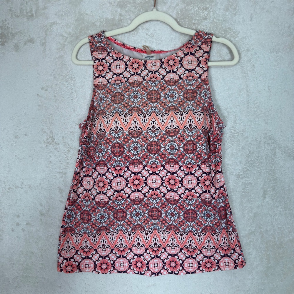 Lands End Tankini Swim Top Womens 12 Coral Pink Navy Blue Geometric Medallion